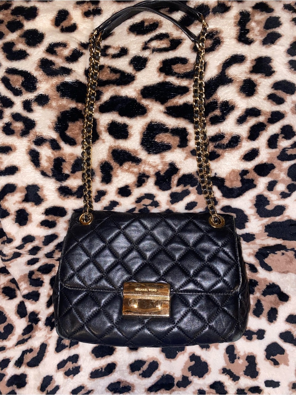 Michael Kors Sloan Quilted Black Leather Flap Bag 35F5GSLL3L – Gold Hardware